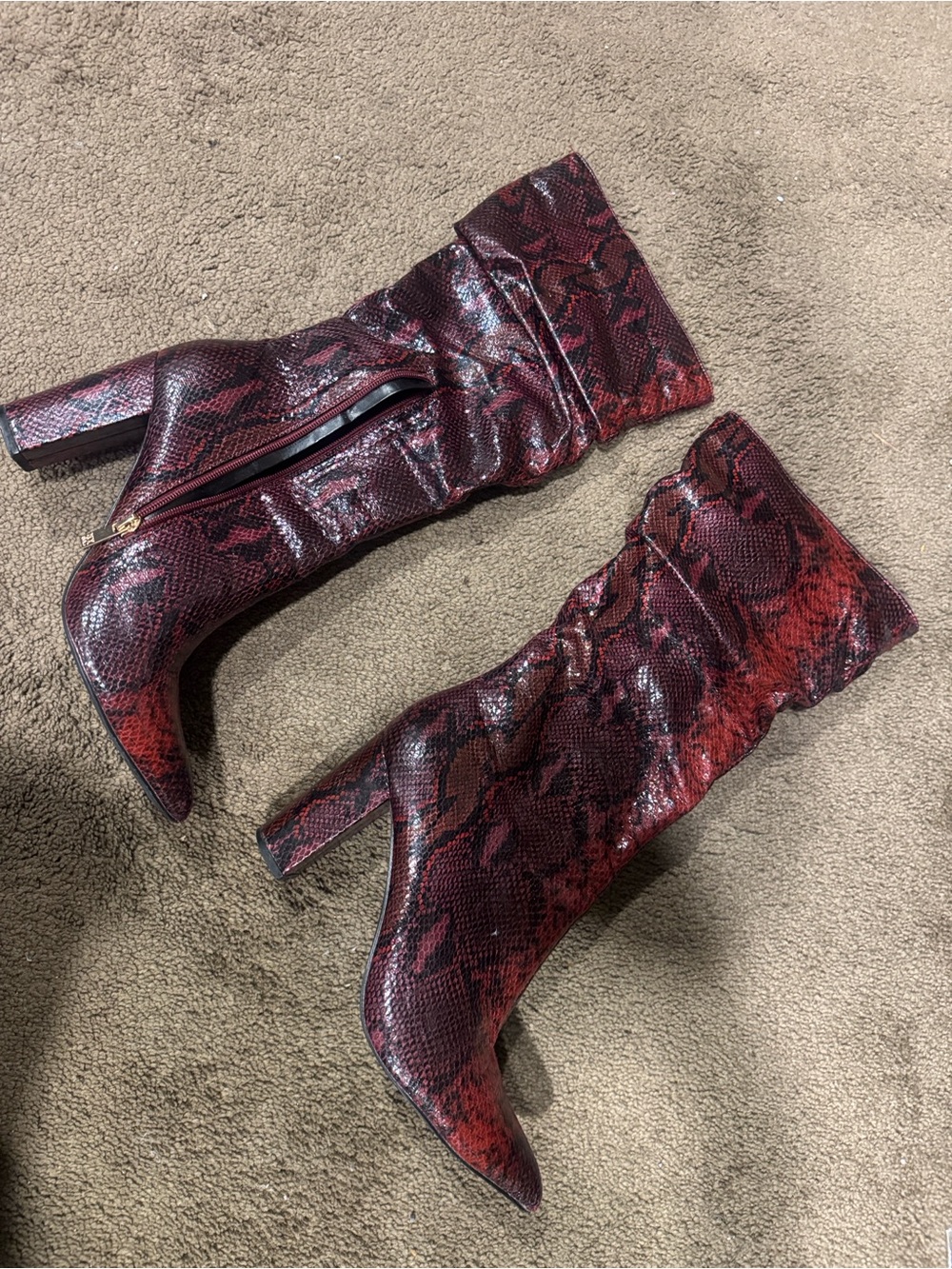 Y2K Red Snakeskin Print Knee High Boots Pointed Toe Chunky Heel Women’s